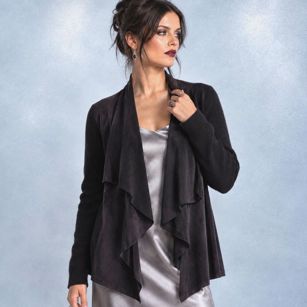 T Tahari Faux Suede Open Front Cardigan Jacket Mixed Media Wool Knit Witchy L